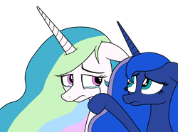 Size: 2631x1953 | Tagged: safe, artist:eagc7, princess celestia, princess luna, alicorn, pony, comforting, crying, duo, duo female, female, mare, royal sisters, sad, siblings, simple background, sisters, teary eyes, transparent background