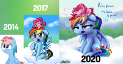 Size: 3850x2000 | Tagged: safe, artist:arielsbx, derpibooru import, pinkie pie, rainbow dash, earth pony, pegasus, pony, chibi, cloud, comparison, confused, cute, draw this again, female, on head, onomatopoeia, rainbow dash is not amused, redraw, self awareness, sleeping, sound effects, unamused, zzz