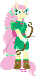 Size: 1024x2048 | Tagged: safe, artist:vanillaswirl6, fluttershy, pegasus, pony, semi-anthro, archer, archery, arrow, arrows, bandage, bandaid, bipedal, boots, bow, bow (weapon), bow and arrow, clothes, colored eyelashes, colored pupils, dress, female, long hair, looking at you, medieval, nervous, open mouth, photoshop, quiver, ribbon, sharp teeth, shoe laces, signature, simple background, solo, teeth, transparent background, weapon, worried