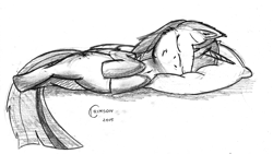 Size: 1280x721 | Tagged: safe, artist:crimson, derpibooru import, twilight sparkle, twilight sparkle (alicorn), alicorn, pony, chest fluff, female, mare, monochrome, pillow, sleeping, smiling, traditional art