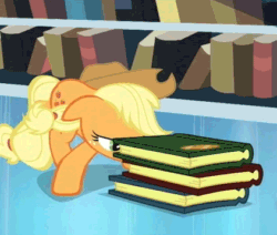 Size: 422x358 | Tagged: safe, screencap, applejack, earth pony, pony, animated, book, floppy ears, throwing