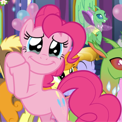 Size: 1437x1439 | Tagged: safe, screencap, carrot top, coco crusoe, golden harvest, pinkie pie, changedling, changeling, crystal pony, earth pony, pony, celestial advice, balloon, bipedal, cropped, crying, female, happy, mare, smiling, solo focus, tears of joy, twilight's castle