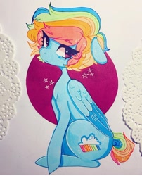 Size: 720x893 | Tagged: safe, artist:dollbunnie, derpibooru import, rainbow dash, pegasus, pony, alternate cutie mark, alternate hairstyle, eyebrows, eyelashes, instagram, marker drawing, short hair, solo, stars, traditional art