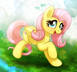 Size: 1060x1000 | Tagged: safe, artist:joakaha, fluttershy, pegasus, pony, cute, female, fluttershy day, folded wings, grass, looking at you, mare, open mouth, raised hoof, shyabetes, signature, smiling, solo