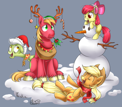 Size: 1000x870 | Tagged: safe, artist:moenkin, artist:swanlullaby, apple bloom, applejack, big macintosh, granny smith, earth pony, pony, collaboration, adorabloom, antlers, apple family, candy, candy cane, christmas, christmas ornament, clothes, cute, earmuffs, female, food, hat, holly, male, open mouth, reindeer antlers, santa hat, scarf, simple background, snow, snowman, stallion, wink