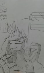 Size: 2340x3813 | Tagged: safe, artist:초보놀이, princess celestia, alicorn, pony, air conditioner, black and white, eyes closed, grayscale, monochrome, soda, straw in mouth, sun, traditional art