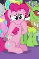 Size: 134x203 | Tagged: safe, screencap, bright smile, castle (crystal pony), lucky clover, pinkie pie, changedling, changeling, crystal pony, earth pony, pony, celestial advice, cropped, female, hooves on face, mare, picture for breezies, sitting up, solo focus