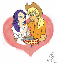 Size: 3505x3951 | Tagged: safe, artist:cycat, applejack, rarity, human, apple, apple pie, feeding, female, food, humanized, lesbian, oven mitts, pie, rarijack, shipping