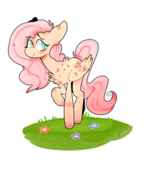 Size: 1029x1201 | Tagged: safe, artist:secretwanderlust, artist:sugarysharky, fluttershy, pegasus, pony, chest fluff, folded wings, looking away, looking sideways, raised hoof, simple background, solo, standing, transparent background