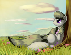 Size: 1650x1275 | Tagged: safe, artist:grennadder, octavia melody, earth pony, pony, cloud, female, flower, grass, mare, mountain, sky, smiling, solo, tree