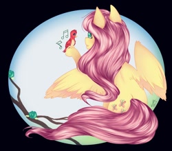 Size: 848x746 | Tagged: safe, artist:galaxyscreamer, fluttershy, bird, pegasus, pony, female, fluttershy day, looking at something, mare, raised hoof, rating, rear view, sitting, solo, spread wings, wings