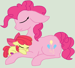 Size: 548x497 | Tagged: safe, artist:junetheicecat, apple bloom, pinkie pie, earth pony, pony, base used, pony pillow, prone, simple background, sleeping