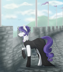 Size: 1099x1247 | Tagged: safe, artist:scarletsfeed, rarity, pony, unicorn, fanfic:game of harmony, battlements, black dress, castle, clothes, dress, fanfic art, solo, speedpaint available, sunlight