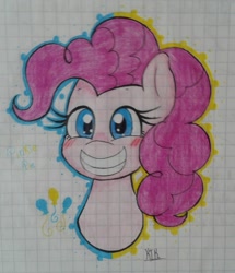 Size: 1536x1788 | Tagged: safe, artist:katythekiitty, pinkie pie, earth pony, pony, bust, lined paper, portrait, smiling, solo, traditional art