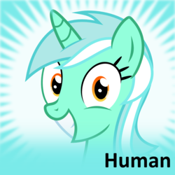 Size: 250x250 | Tagged: safe, lyra heartstrings, human, derpibooru, grin, humie, irrational exuberance, meta, official spoiler image, solo, spoilered image joke, that pony sure does love humans