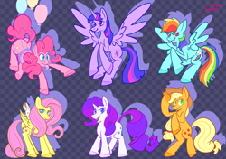 Size: 5400x3800 | Tagged: safe, artist:marykimer, derpibooru import, applejack, fluttershy, pinkie pie, rainbow dash, rarity, twilight sparkle, twilight sparkle (alicorn), alicorn, angel, earth pony, pegasus, pony, rabbit, unicorn, animal, balloon, colored, cutie mark, female, flat colors, mane six, sketch