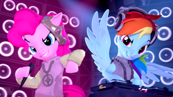 Size: 3840x2160 | Tagged: safe, artist:owlpirate, derpibooru import, pinkie pie, rainbow dash, earth pony, pegasus, pony, 3d, duo, headphones, microphone, rap, rapper pie, source filmmaker, splatoon 2, turntable