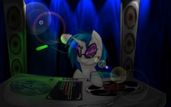 Size: 1750x1089 | Tagged: safe, artist:s4vin, dj pon-3, vinyl scratch, pony, unicorn, lens flare, solo, speakers, turntable