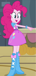 Size: 412x855 | Tagged: safe, pinkie pie, equestria girls, equestria girls (movie), balloon, boots, bracelet, clothes, cute, high heel boots, jewelry, pointing, pumpkin, skirt, solo