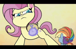 Size: 560x368 | Tagged: safe, derpibooru import, screencap, fluttershy, rainbow dash, pegasus, pony, death of a sales-pony, my little pony: pony life, spoiler:pony life s01e08, animated, dexterous hooves, female, giant pony, giantess, giantshy, gif, macro, spoilers for another series, stopwatch