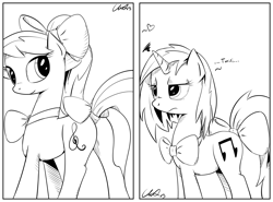 Size: 2186x1618 | Tagged: safe, artist:cs, dj pon-3, octavia melody, vinyl scratch, earth pony, pony, bow, bowtie, frown, hair bow, heart, looking back, monochrome, neck bow, plot, ponytail, smiling, tail bow, unamused
