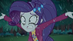 Size: 2048x1152 | Tagged: safe, screencap, rarity, equestria girls, equestria girls series, inclement leather, spoiler:choose your own ending (season 2), spoiler:eqg series (season 2), female, forest, makeup, marshmelodrama, mascarity, rain, rarity being rarity, running makeup, solo, tree