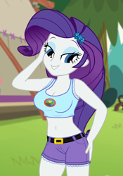 Size: 650x930 | Tagged: safe, edit, edited screencap, editor:ah96, screencap, rarity, equestria girls, legend of everfree, bedroom eyes, belly button, breast edit, breasts, cleavage, clothes, cropped, female, like what you see?, looking at you, midriff, raritits, sexy, shorts, smiling, solo, stupid sexy rarity