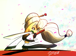 Size: 1920x1437 | Tagged: safe, artist:liracrown, applejack, earth pony, pony, alternate hairstyle, clothes, crossover, robe, samurai, samurai applejack, samurai jack, sword, weapon