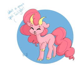 Size: 680x603 | Tagged: safe, artist:bunnycat, pinkie pie, goat, 30 minute art challenge, :3, cloven hooves, cute, dialogue, eyes closed, floppy ears, goatified, horns, implied twilight sparkle, open mouth, pinkie goat, smiling, solo, species swap, spell, text, transformation