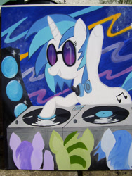 Size: 2144x2848 | Tagged: safe, artist:equestriapaintings, dj pon-3, vinyl scratch, pony, unicorn, headphones, photo, speakers, traditional art, turntable