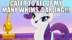 Size: 1920x1080 | Tagged: safe, edit, edited screencap, screencap, rarity, pony, unicorn, rainbow roadtrip, bedroom eyes, caption, darling, excessive exclamation marks, image macro, lidded eyes, text