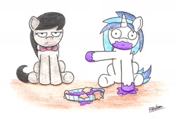 Size: 2146x1434 | Tagged: safe, artist:bobthedalek, dj pon-3, octavia melody, vinyl scratch, earth pony, pony, unicorn, dish, duo, guilty, liar, messy, pastry, pie