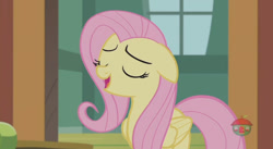 Size: 844x462 | Tagged: safe, screencap, fluttershy, pegasus, pony, fluttershy leans in, cute, eyes closed, female, floppy ears, mare, open mouth, shyabetes, solo