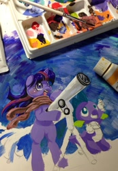 Size: 831x1200 | Tagged: safe, artist:mosamosa_n, derpibooru import, spike, twilight sparkle, dragon, paint, sketch, telescope, traditional art