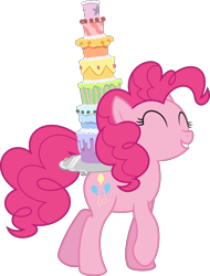 Size: 6400x8407 | Tagged: safe, artist:parclytaxel, pinkie pie, earth pony, pony, castle sweet castle, .svg available, absurd resolution, cake, eyes closed, female, food, grin, mare, platter, seven-layer what's-that-flavour mystery surprise, simple background, smiling, solo, transparent background, vector