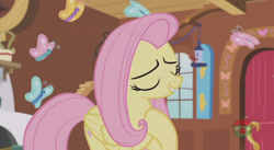 Size: 844x462 | Tagged: safe, screencap, fluttershy, pegasus, pony, fluttershy leans in, solo