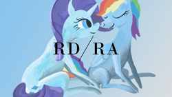 Size: 1280x720 | Tagged: artist needed, safe, derpibooru import, rainbow dash, rarity, pegasus, pony, unicorn, boop, cover art, eyes closed, female, females only, lesbian, looking at each other, mare, noseboop, raridash, sgap, shipping, sitting, slash, smiling, sogreatandpowerful
