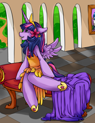 Size: 1280x1656 | Tagged: safe, artist:tiki-sama, derpibooru import, twilight sparkle, twilight sparkle (alicorn), alicorn, semi-anthro, clothes, dress, floppy ears, flower, looking up, sitting, smiling, solo, spread wings