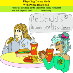 Size: 750x750 | Tagged: safe, artist:princeblueblood, lyra heartstrings, prince blueblood, human, burger, dispelling dating myth with prince blueblood, food, french fries, fried chicken, hot dog, humanized, mcdonald's, ponies eating meat, soda
