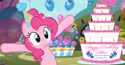 Size: 1508x784 | Tagged: safe, artist:dakari-king-mykan, pinkie pie, earth pony, pony, balloon, cake, food, solo