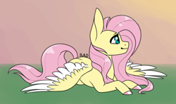 Size: 600x356 | Tagged: safe, artist:blitsazalisdash, artist:yanie-the-brown-pone, color edit, edit, fluttershy, pegasus, pony, collaboration, colored, female, mare, prone, smiling, solo