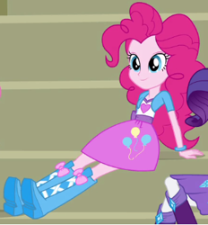Size: 311x335 | Tagged: safe, screencap, pinkie pie, rarity, equestria girls, equestria girls (movie), balloon, bleachers, boots, bracelet, clothes, cute, high heel boots, jewelry, sitting, skirt