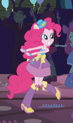 Size: 480x807 | Tagged: safe, screencap, apple bloom, pinkie pie, teddy t. touchdown, velvet sky, equestria girls, equestria girls (movie), apple bloom's bow, balloon, boots, bow, clothes, cowboy boots, fall formal, fall formal outfits, hair bow, hat, high heel boots, pony ears, ponytail, raised leg, streamers, top hat, tuxedo