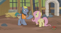 Size: 844x462 | Tagged: safe, screencap, fluttershy, hard hat (character), pegasus, pony, fluttershy leans in, construction, female, hard hat, hat, mare, plot, talking