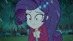Size: 1903x1080 | Tagged: safe, screencap, rarity, better together, choose your own ending, equestria girls, inclement leather, clothes, female, jacket, marshmelodrama, outdoors, rain, rarity being rarity, sad, solo, suede jacket