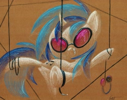 Size: 1207x956 | Tagged: safe, artist:getchanoodlewet, dj pon-3, vinyl scratch, pony, unicorn, solo, suspended, traditional art