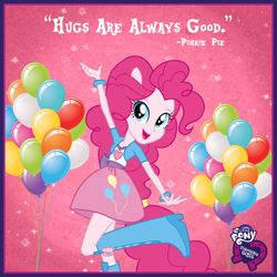 Size: 800x800 | Tagged: safe, pinkie pie, equestria girls, balloon, boots, bracelet, clothes, cute, diapinkes, equestria girls logo, high heel boots, jewelry, logo, looking at you, my little pony logo, open mouth, pony ears, ponytail, raised leg, skirt, smiling, solo, sparkles