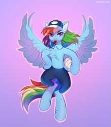 Size: 1051x1200 | Tagged: safe, artist:margony, derpibooru import, rainbow dash, pegasus, pony, semi-anthro, blowing whistle, chest fluff, clothes, coach, coach rainbow dash, female, flying, hat, leggings, mare, rainbow dashs coaching whistle, signature, solo, sports, spread wings, tights, volleyball, whistle, wings