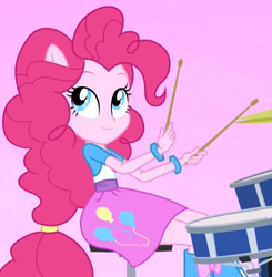 Size: 670x685 | Tagged: safe, screencap, pinkie pie, equestria girls, rainbow rocks, balloon, better than ever, boots, bracelet, clothes, cropped, cute, cymbals, drum kit, drums, drumsticks, gradient background, high heel boots, jewelry, musical instrument, ponied up, pony ears, ponytail, skirt, solo