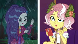 Size: 1280x720 | Tagged: safe, screencap, rarity, vignette valencia, better together, choose your own ending, equestria girls, inclement leather, inclement leather: vignette valencia, cellphone, clothes, female, hashtag rain hair don't care, makeup, mascarity, phone, rain, running makeup, smartphone, split screen, wet, wet hair, wet hairity